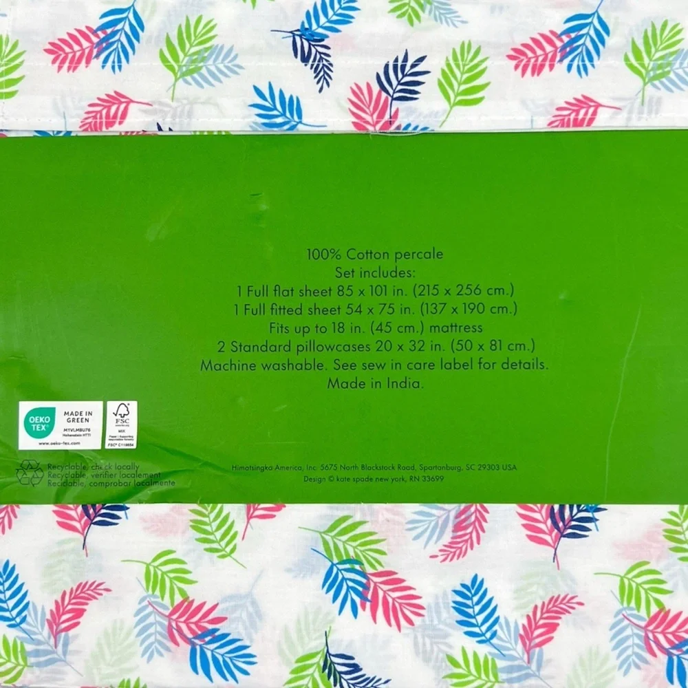Kate Spade - ‘Tropical Leaf’ Full Sheet Set. NWT. Firm!